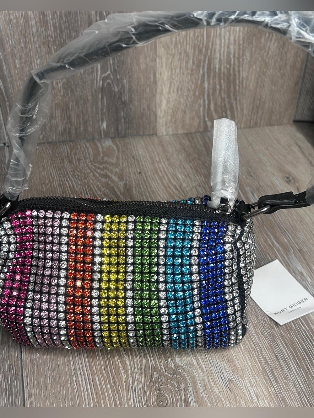 NWT Kurt Geiger Rainbow Rhinestone Party Pochette Bag • Sparkly Shoulder Purse